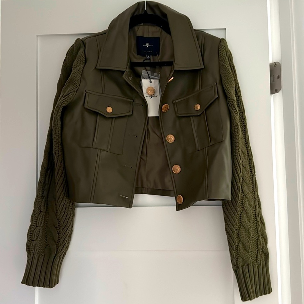 7 For All Mankind Women’s Jacket Green Faux Leather With Knit Sleeves Medium